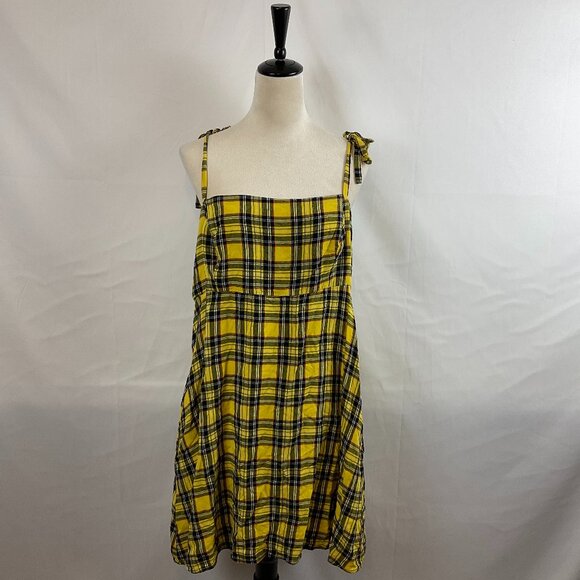Hot Topic Dress XXL Yellow Black Red White Plaid Tie Straps Gathered Back - Picture 1 of 11